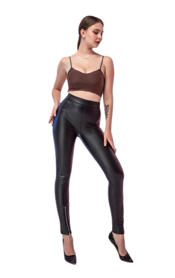 cofi1453 Seamless Leggings Leggings Lederhose Hüfthoch Jeggings Leather Damen Hose Stretch Thermo Reißverschluss unten von cofi1453