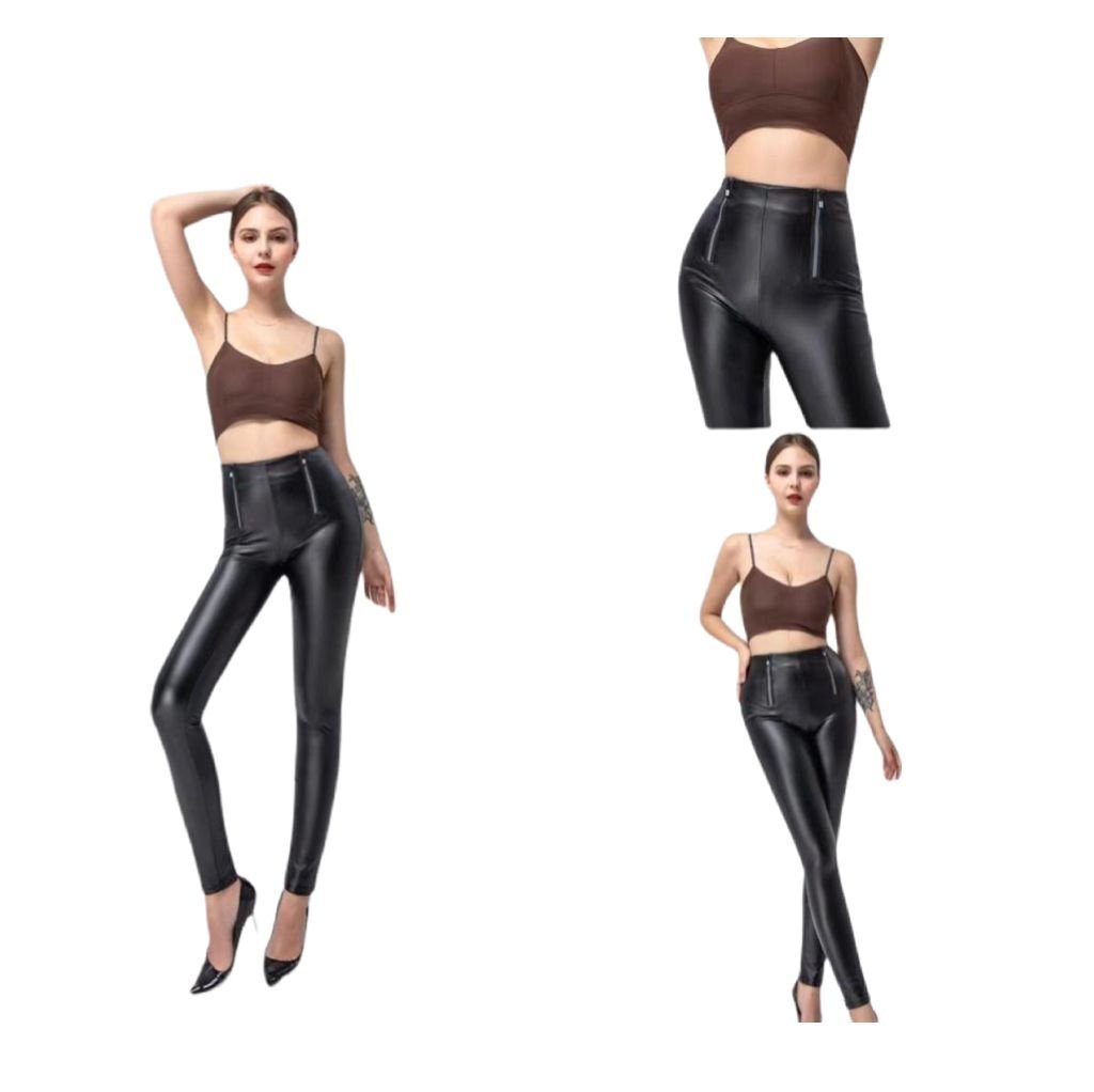 cofi1453 Seamless Leggings Leggings Lederhose Hüfthoch Jeggings Leather Damen Hose Stretch Thermo mit Reißverschluss von cofi1453