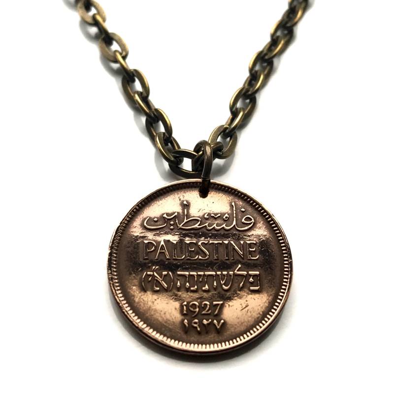 1939 Palästina 1 Mil Münzanhänger Hebron Westjordanland Nablus Gazastreifen Olivenkranz Rafah Deir Al-Balah Al-Bireh Abu Dis Tubas Bethany N000995 von coinedJEWELRY