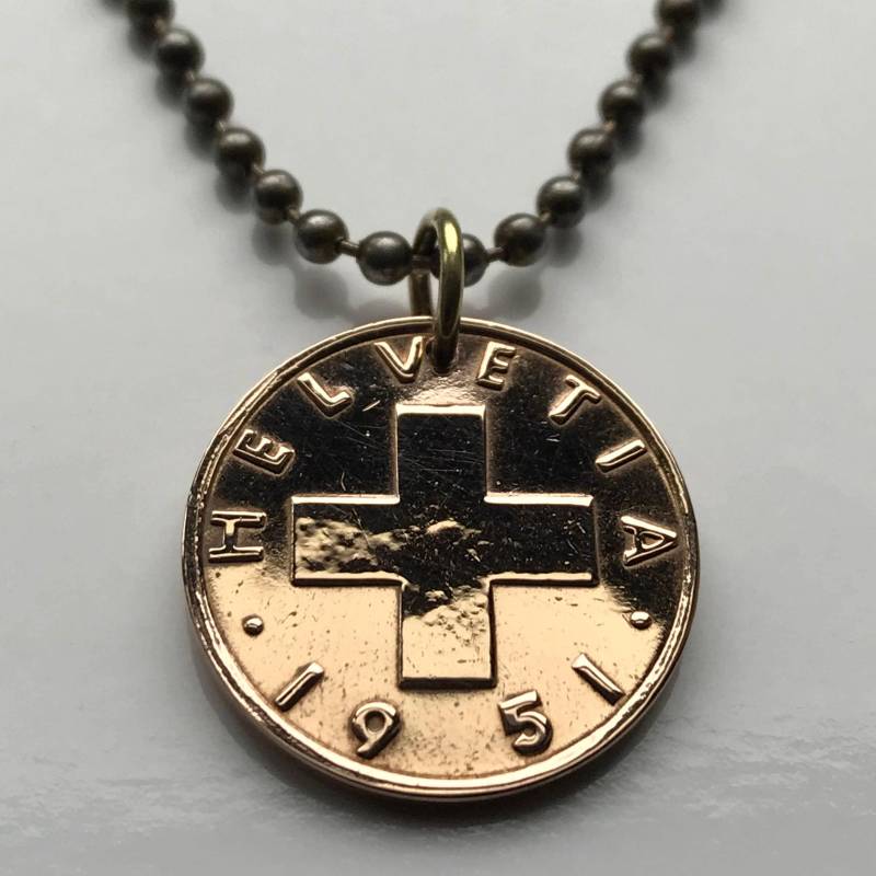 1951 Schweiz Helvetia 2 Rappen Münzanhänger Schweizer Kreuz Zürich Bern Genf Basel Winterthur Luzern St. Gallen Lugano N001291 von coinedJEWELRY