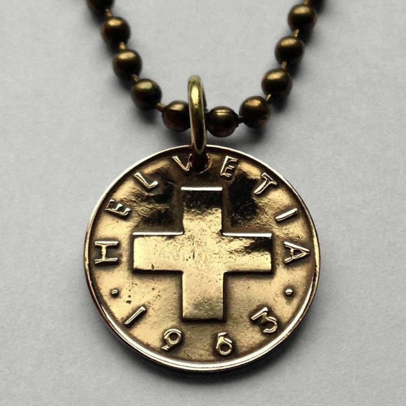 1955 Schweiz Helvetia 1 Rappen Münzanhänger Schweizer Kreuz Zürich Bern Genf Basel Winterthur Luzern St. Gallen Lugano N001459 von coinedJEWELRY