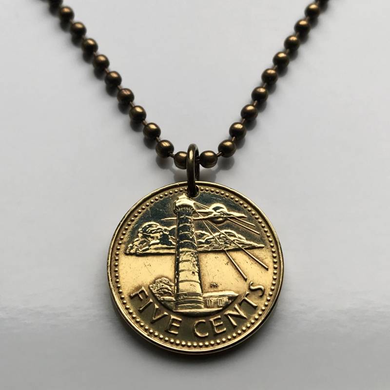 1973 Barbados 5 Cent Münze Anhänger Halskette Schmuck Barbadian Bridgetown Dreizack Delfin Fisch Pelikan South Point Leuchtturmstrand N000099 von coinedJEWELRY