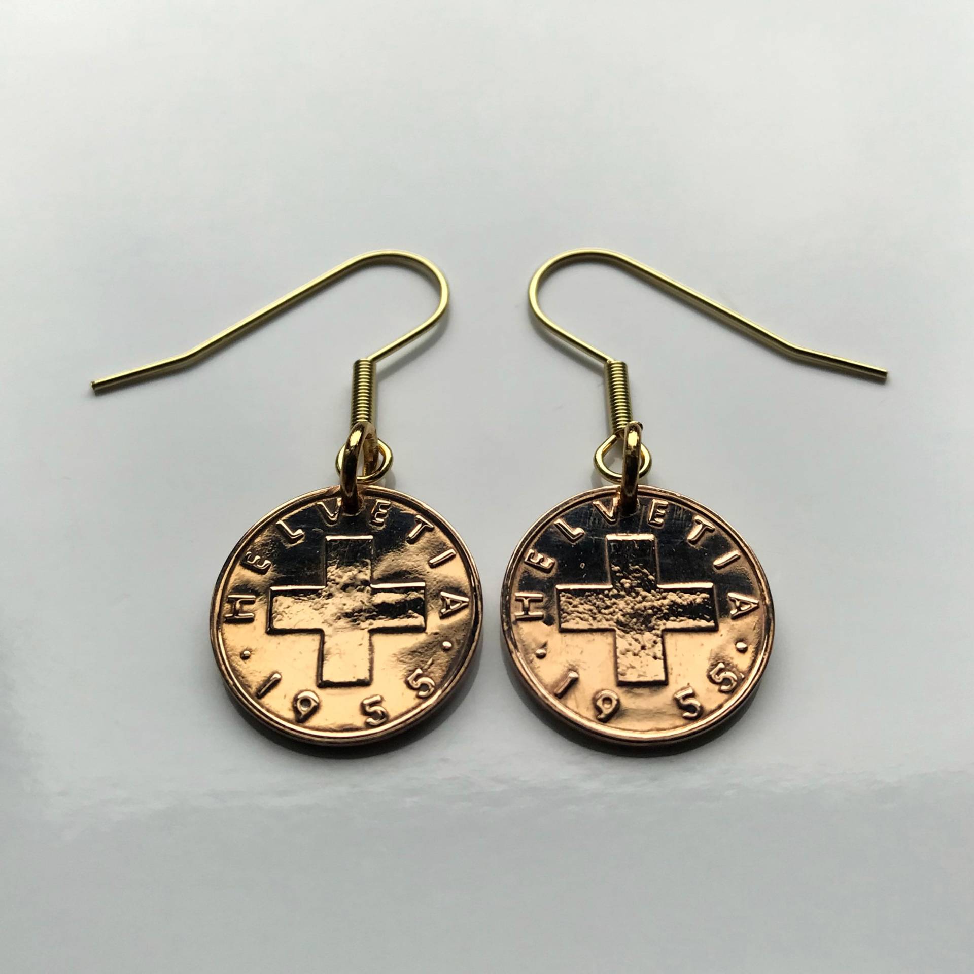 Schweiz Helvetia 1 Rappen Ohrhänger Schweizer Kreuz Zürich Bern Genf Basel Winterthur Luzern St. Gallen Lugano Alpen E000070 von coinedJEWELRY