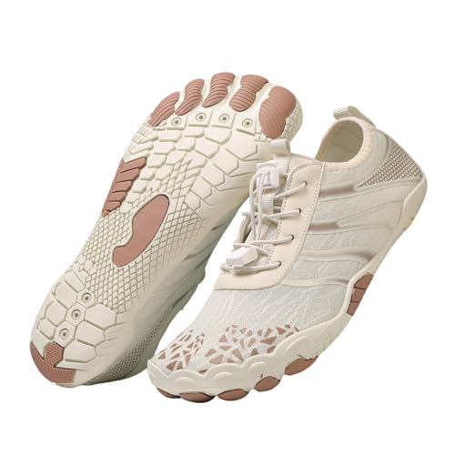 Damen Herren Wandern Barfußschuhe Breite Zehenbox Wasserschuhe Schnell Trocken Schwimmschuh Atmungsaktiv & Rutschfest für Pool Strand Surf Walk Wasser Yoga, Beige A826, 8.5 Women/7 Men von coleyn