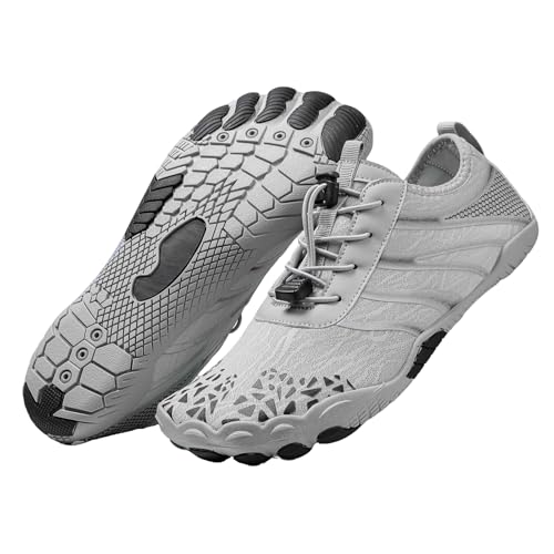 Damen Herren Wandern Barfußschuhe Breite Zehenbox Wasserschuhe Schnell Trocken Schwimmschuh Atmungsaktiv & Rutschfest für Pool Strand Surf Walk Wasser Yoga, Grau A826, 8.5 Women/7 Men von coleyn