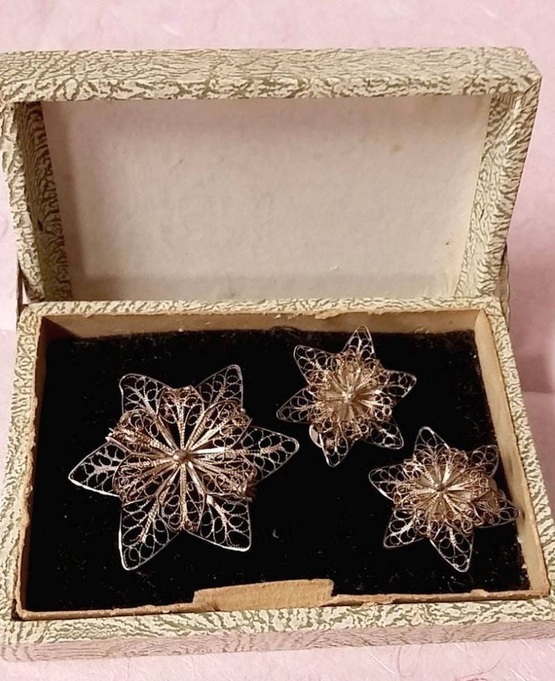 1930Er Jahre/40Er Silber Filigran Pin Brosche Ohrclips in Original Box Diamant Geschnitten von collectiblejewels