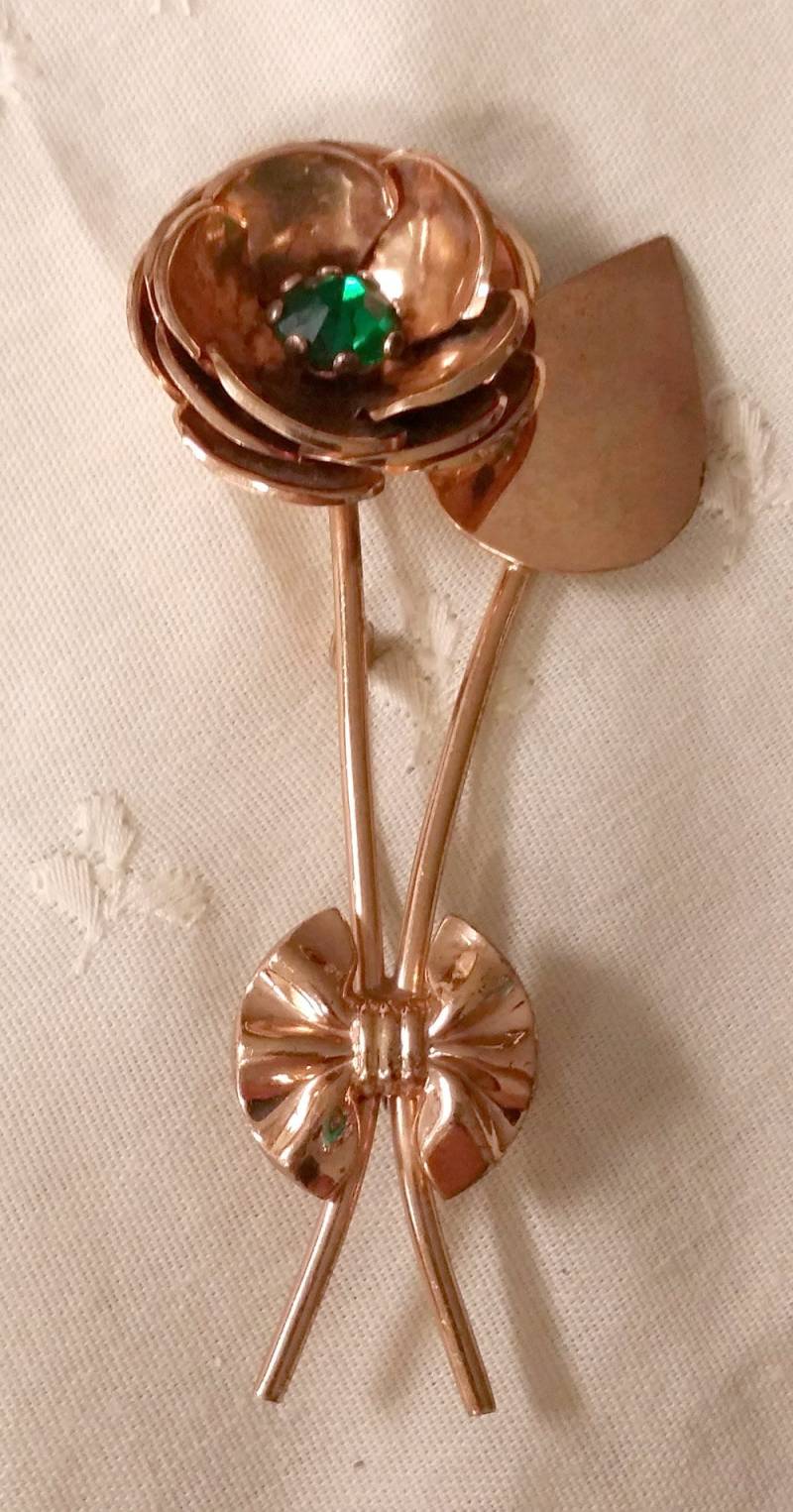 1940Er Jahre Retro Stilisierte Smaragd Rs Vermeil Blumen Brosche Pin Rose Gold Über Sterling 3-1/4" von collectiblejewels