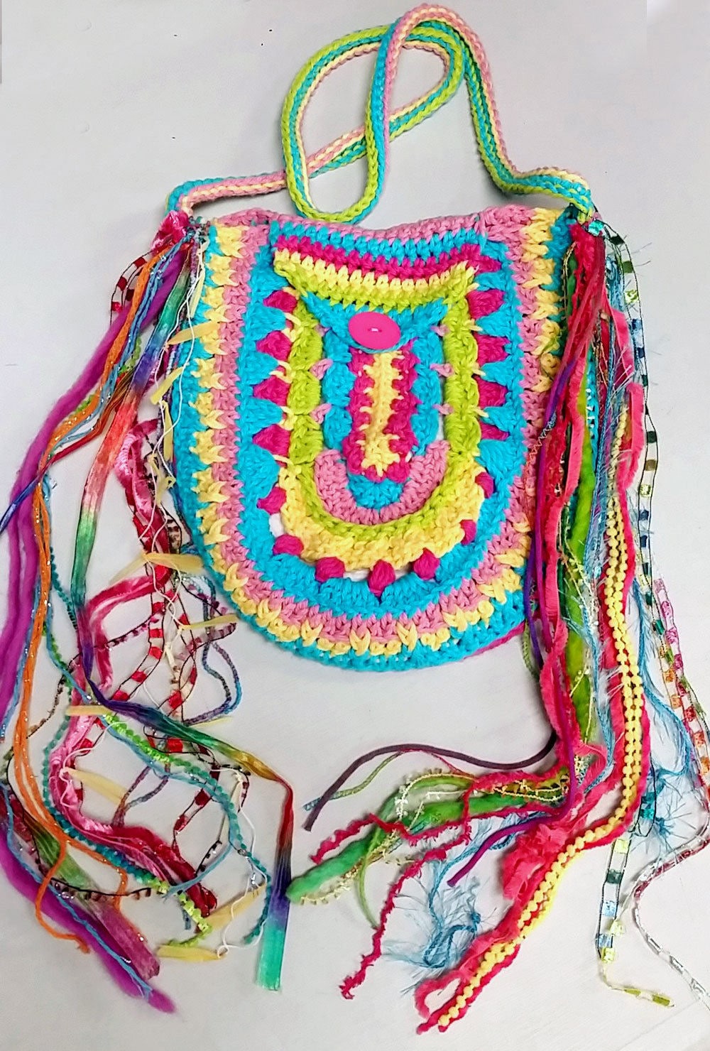 Ooak Gehäkelt Baumwolle Mandala Boho Tasche Rosa, Blues, Grün Und Gelb Gefüttert Neuheit Garn Verzierungen Geschenk Für Sie Handtasche von collectiblejewels