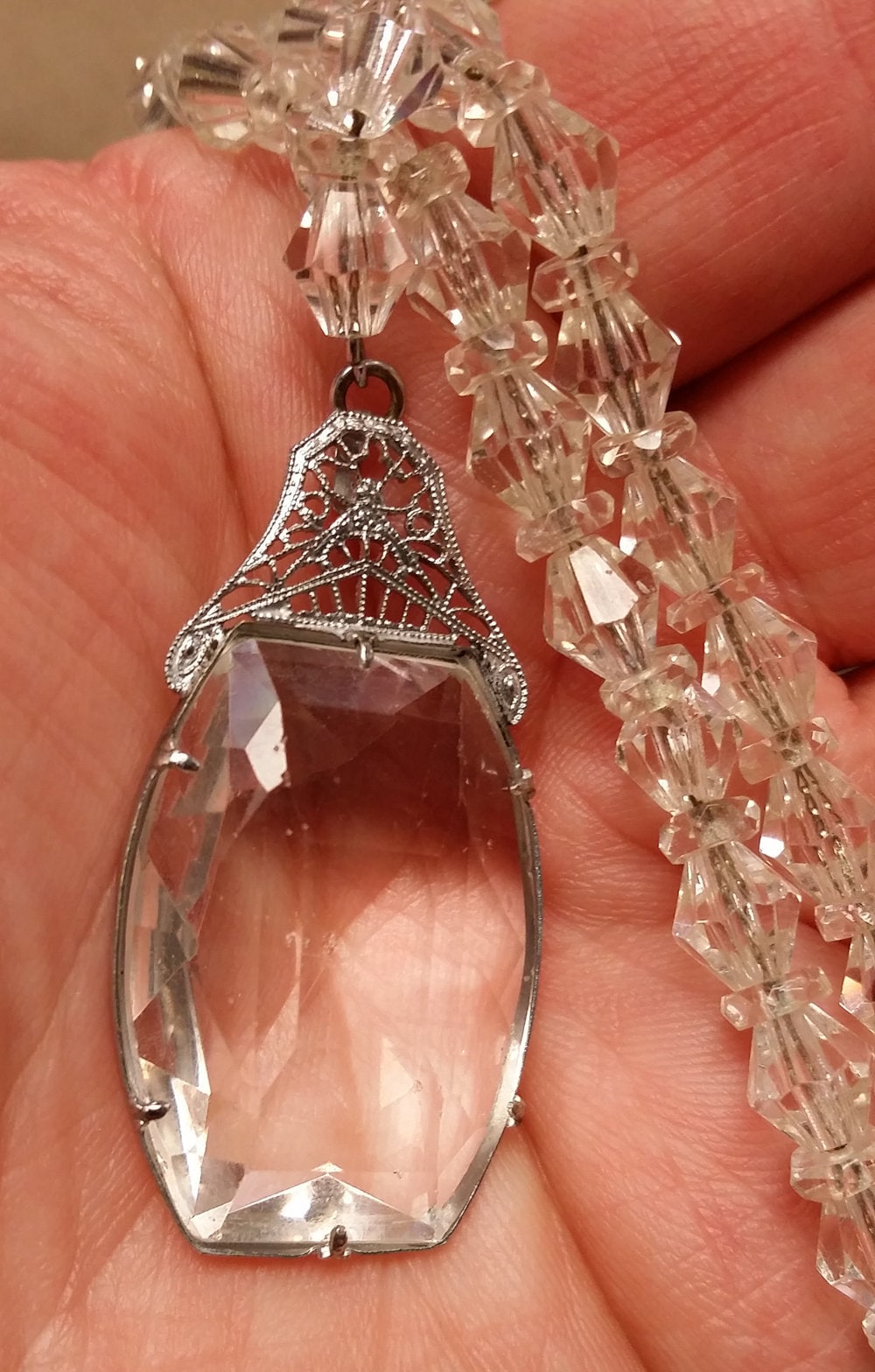 Seltene 1901 - 1910 Edwardian Kristall Filigran Rhodium 16" Halsband Kristalle Strung Auf Kette Wunderschön von collectiblejewels