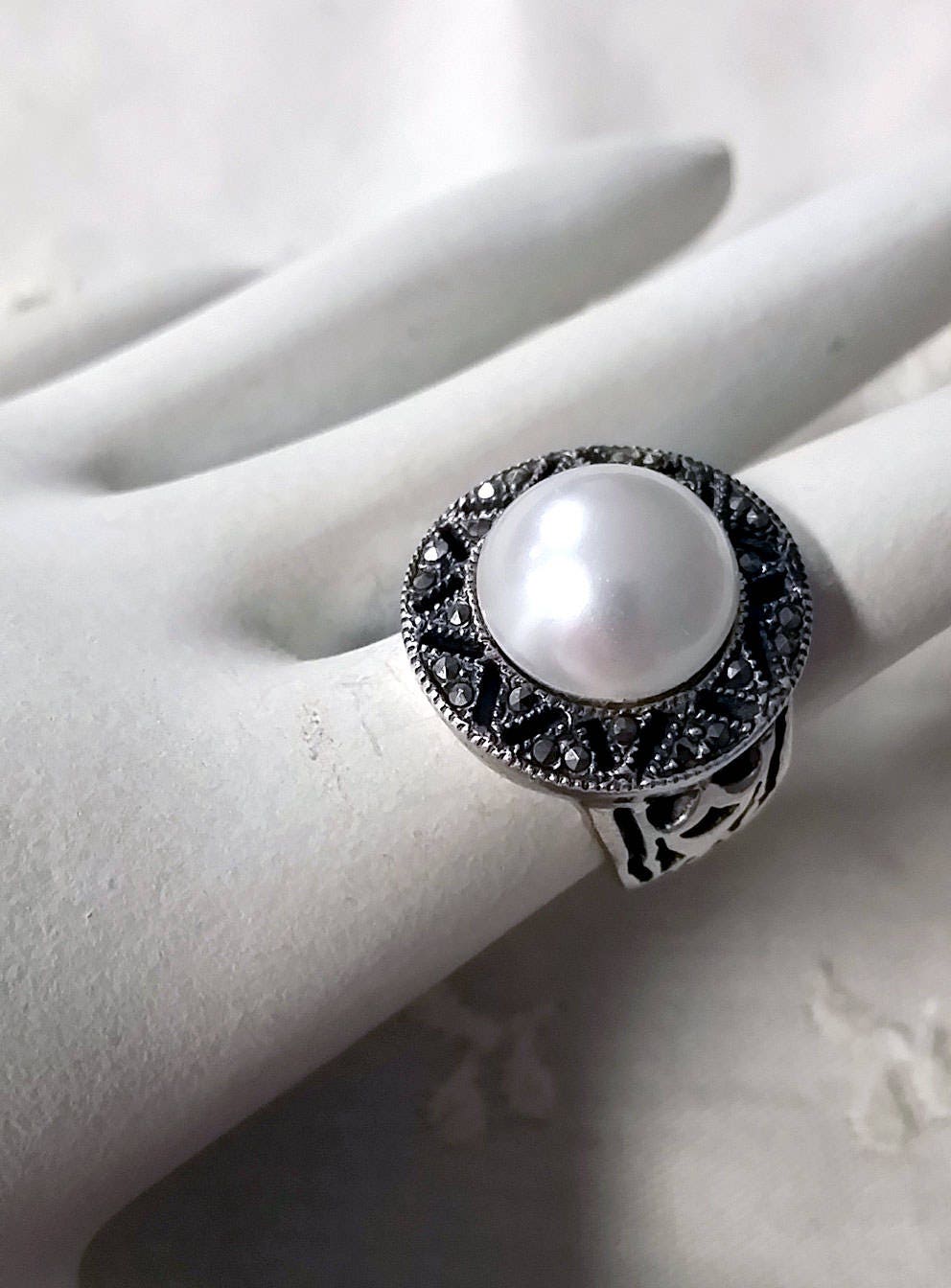 sterling Markasit Faux Perle Cab-Ring-Größe 6 1/2 von collectiblejewels