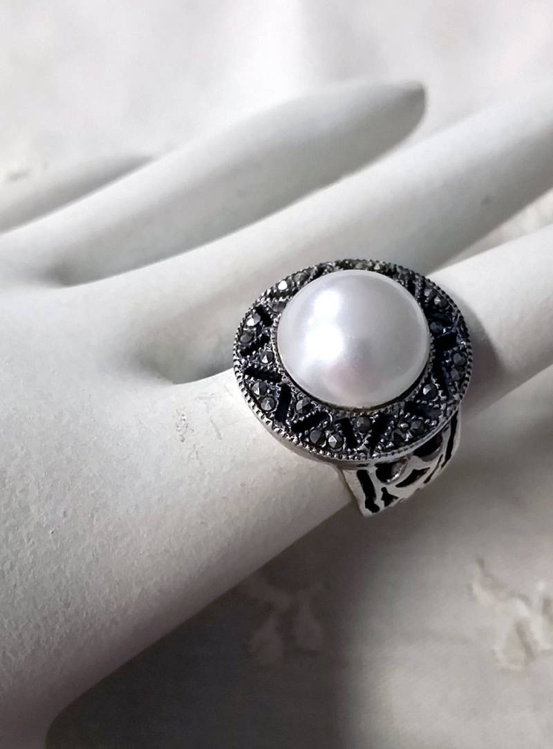 sterling Markasit Faux Perle Cab-Ring-Größe 6 1/2 von collectiblejewels