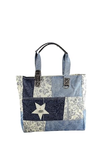 collezione alessandro Schultertasche Blume aus Jeans Stoff mit Blumen und Sternmotiv 37cm x 33cm x 11cm von collezione alessandro