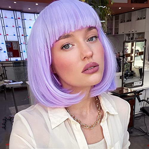 Colorful panda Damen Perücke Lila Bob Kurz Glatt Haar mit Pony für Frauen Hitzebeständiges Synthetische Natürliche Bunte Violett Haar für Cosplay Tägliche Party 12 Zoll von colorful panda