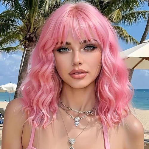 ColorfulPanda Perücke Rosa Kurze lockige Gewellte Perücke Mittellange synthetische Perücken Hitzebeständige Faser Glueless Haar für Frauen mit Pony Cosplay Kostüm Wig von colorful panda