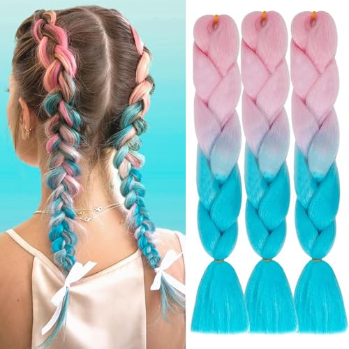 Colorfulpanda 3 Stücke Ombre Braun Jumbo Braid Kunsthaar 24 Zoll 100g Kanekalon Haar Flechten Extensions Für Frauen Mädchen Afro Crochet Twist Flechten Haar,(Rosa to Blau) von colorful panda