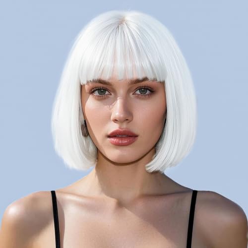 Colorfulpanda Kurze Bob Haar Perücken Weiß Gerade mit Pony Synthetische Bunte Cosplay Tägliche Party Perücke für Frauen Natürliche Wie Echthaar 12 Zoll (white) von colorful panda