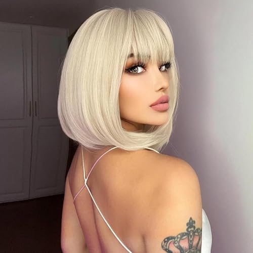 Colorfulpanda Kurze Bob Haar blond Perücken Gerade mit Flach Pony Synthetische Bunte Cosplay Tägliche Party Perücke für Frauen Natürliche Wie Echthaar 12 Zoll (Hellblond) von colorful panda