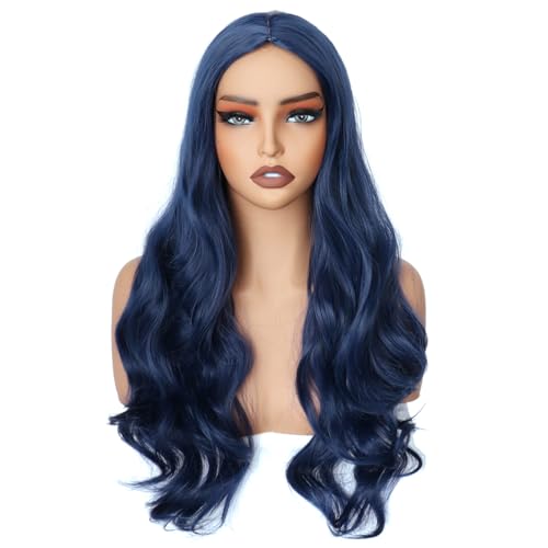Colorfulpanda Lange Gewellt Dunkelblau Perücke Damen, Lockige Volle NatüRlich Synthetische Haar Kostüm Charmante Perücke für Frauen Mädchen Karneval Fasching Party Halloween Cosplay,65cm (dark blue) von colorful panda