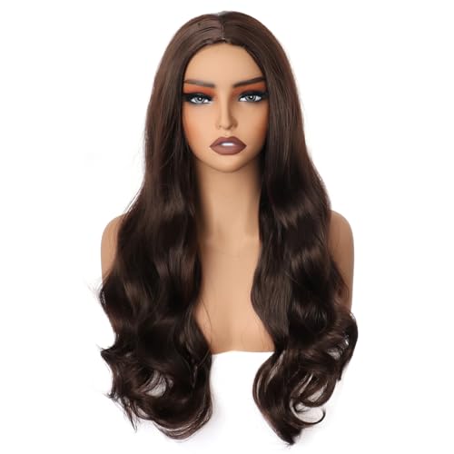 Colorfulpanda Lange Gewellt Dunkelbraun Perücke Damen, Lockige Volle NatüRlich Synthetische Haar Kostüm Charmante Perücke für Frauen Mädchen Karneval Fasching Party Halloween Cosplay,65cm dark brown von colorful panda