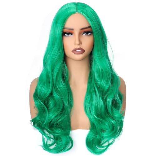 Colorfulpanda Lange Gewellt Grun Perücke Damen, Lockige Volle NatüRlich Synthetische Haar Kostüm Charmante Perücke für Frauen Mädchen Karneval Fasching Party Halloween Cosplay,65cm (green) von colorful panda