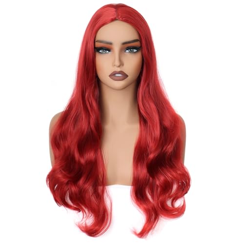 Colorfulpanda Lange Gewellt Rot Perücke Damen, Lockige Volle NatüRlich Synthetische Haar Kostüm Charmante Perücke für Frauen Mädchen Karneval Fasching Party Halloween Cosplay,65cm (Red) von colorful panda
