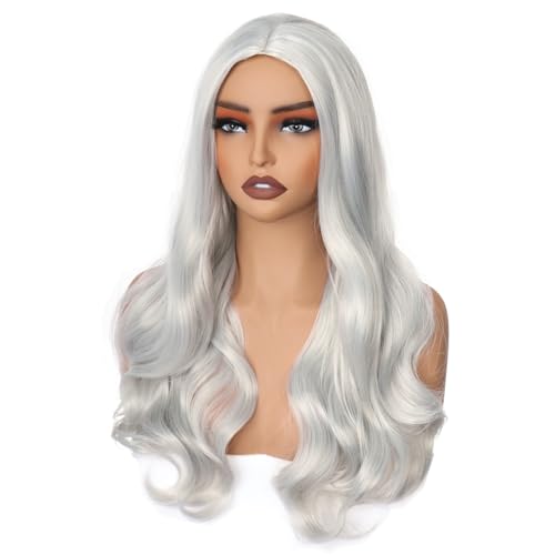 Colorfulpanda Lange Gewellt Silber Grau Perücke Damen, Lockige Volle NatüRlich Synthetische Haar Kostüm Charmante Perücke für Frauen Mädchen Karneval Fasching Party Halloween Cosplay,65cm Grey von colorful panda