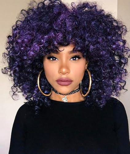 Colorfulpanda Perücke Afro Kinky Lockig Damen Kurze Wellige Perücken Locken Für Frauen Synthetische Natürliche Haar Wig mit Pony Natürlich lockige Perücke (Schwarz gemischt Violett) von colorful panda