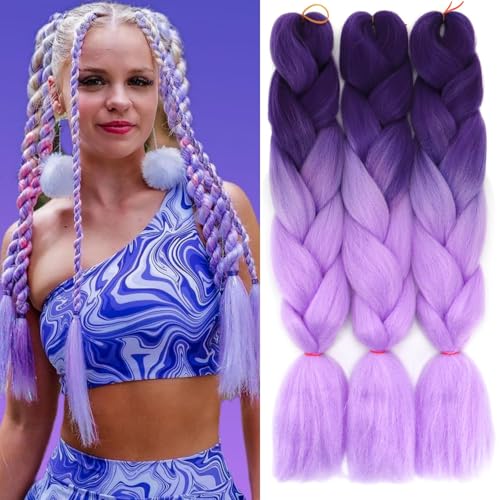 Kunsthaar Zum Einflechten Easy Braid Vorgedehnte Braids Extensions Dunkelviolett/Hellviolett,3 packs Lang Braid Kunsthaar ZopfverläNgerungen für Frauen mädchen bunt Box Braid zum Einflechten Zöpfe von colorful panda