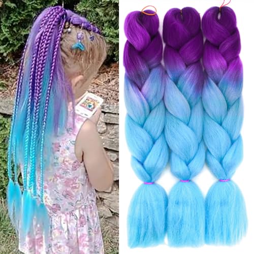 Kunsthaar Zum Einflechten Easy Braid Vorgedehnte Braids Extensions Violett/Blau,3 packs 60 cm Lang Braid Kunsthaar ZopfverläNgerungen für Frauen mädchen bunt Box Braid zum Einflechten Zöpfe von colorful panda