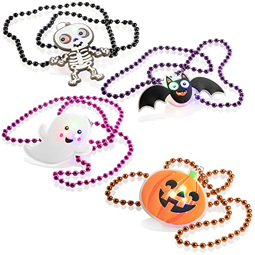 com-four® 4x Halskette für Halloween - Perlenkette mit bunter LED-Beleuchtung und gruseligen Motiven - Zubehör für Kostüm zu Halloween [Auswahl variiert] (Halloween Mix 4 Stück) von com-four