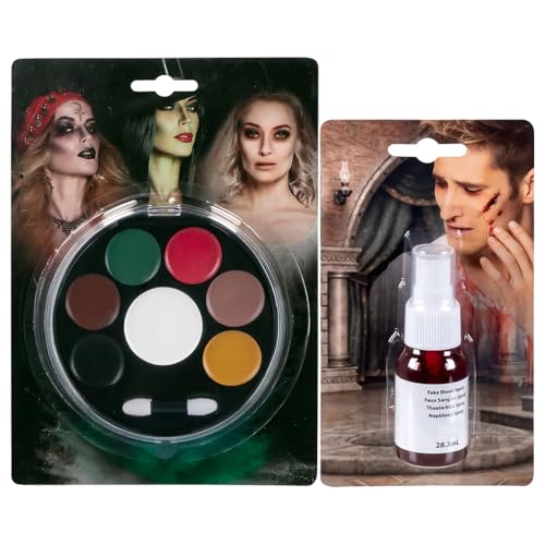 com-four® Halloween Schminkset mit Fettschminke & Kunstblut Spray - Gesichtsfarbe & Theaterblut für Horror Make-up, Kostüm & Karneval von com-four