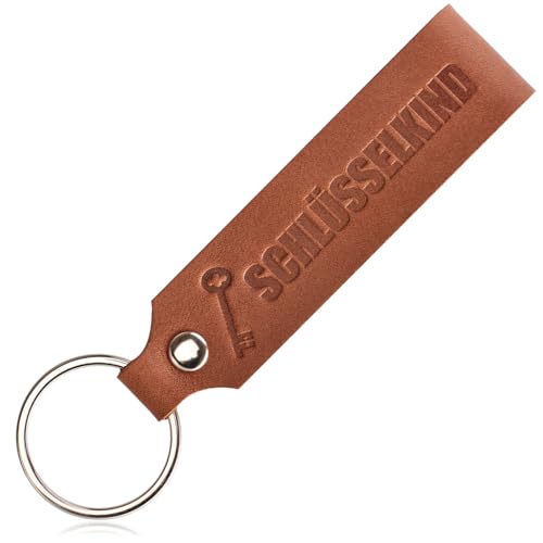 com-four® Schlüsselanhänger aus Leder mit Ring - Echt-Lederanhänger mit geprägter Aufschrift und Schlüsselring - Lederband für den Schlüsselbund - individueller Schlüsselbundanhänger (SCHLÜSSELKIND) von com-four