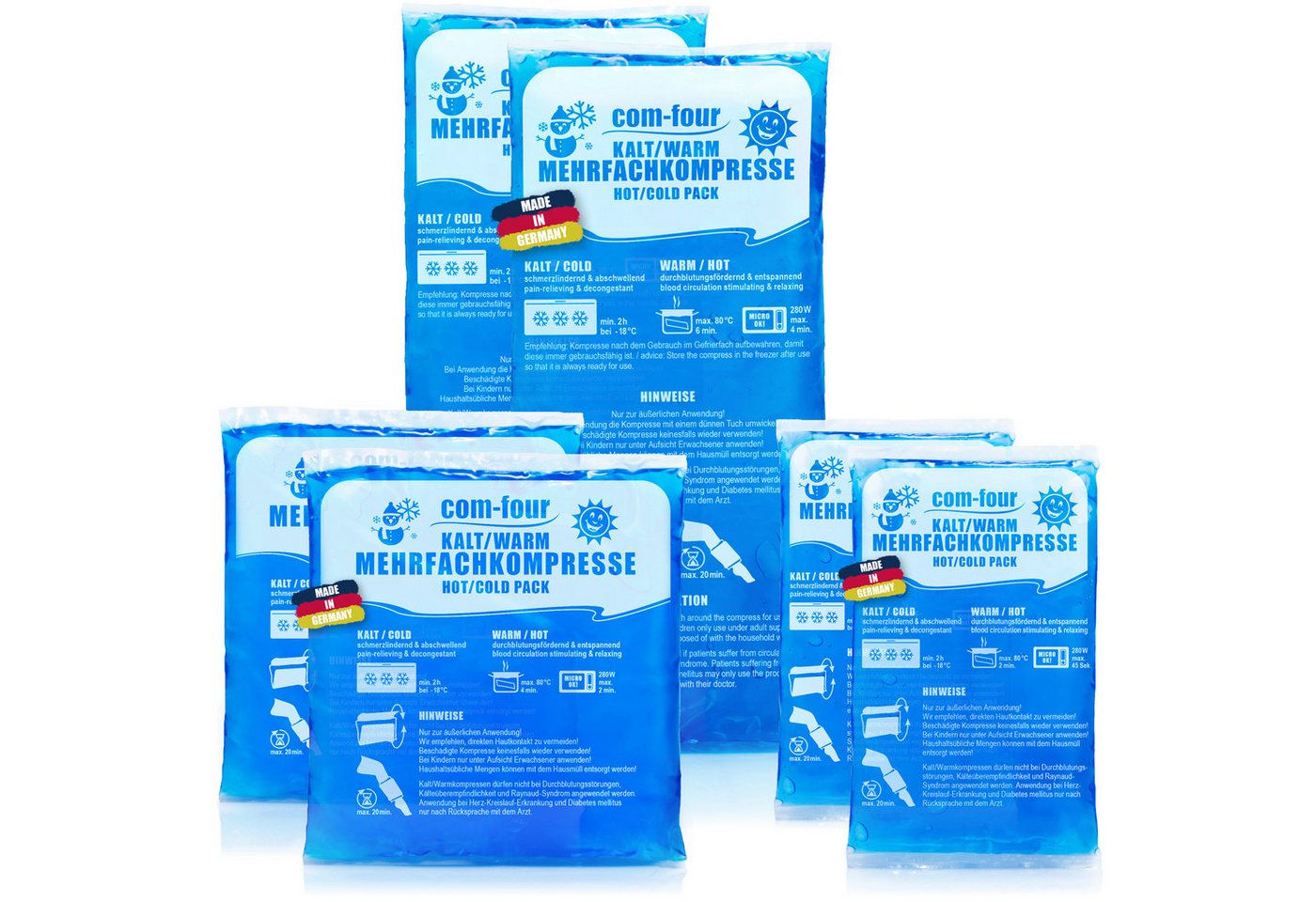 com-four Kalt-Warm-Kompresse 6er Set, Set 6-tlg., Flexibel,Wiederverwendbar,Tragbar,Auslaufsicher,Mikrowellengeeignet von com-four