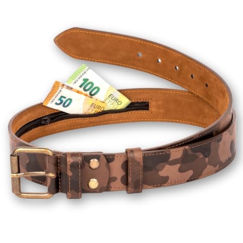 comari Premium Geldgürtel Leder Herren, Stoff-Geheimfach, Reißverschluss - Hochwertiger Gürtel für Reisen, Ledergürtel Handarbeit (Camouflage Braun) von comari