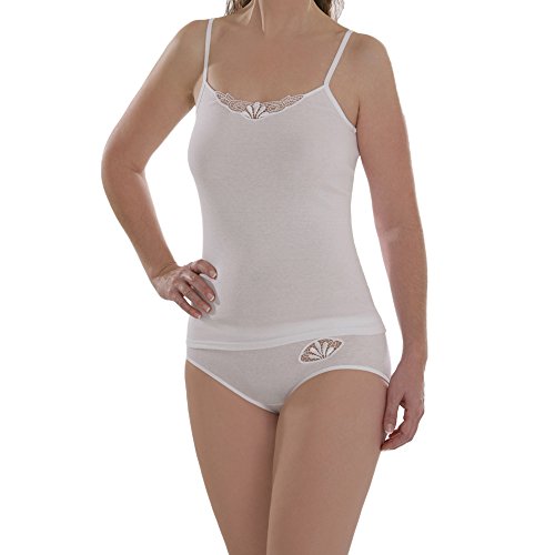 Comazo Damen Trägerhemd - 2er Pack - Weiß - Gr. 38 - Top mit Spaghettiträgern - Basic Serie - Motiv im Ausschnitt - Unterhemd ohne Seitennähte - Kochfest bis 95 Grad - Reine Baumwolle von Comazo