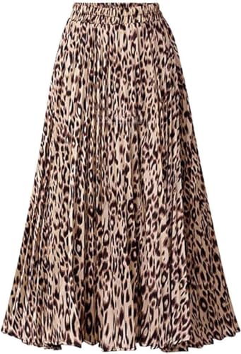 Damen Rock mit Leopardenmuster, lang, Maxi, elastische Taille, plissiert, A-Linie, Boho-Damenrock, Leopard 01, 36 von comefohome