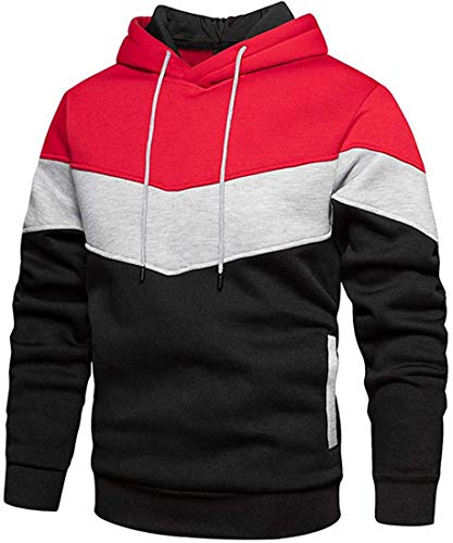 Herren-Kapuzenpullover, Farbblock-Sweatshirts, langärmelig, Kapuzenpullover, Kordelzug, lässiges Oberteil mit Taschen, rot (a), XL von comefohome