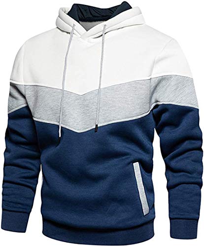 Herren-Kapuzenpullover, Farbblock-Sweatshirts, langärmelig, Kapuzenpullover, Kordelzug, lässiges Oberteil mit Taschen, A-weiß, XL von comefohome