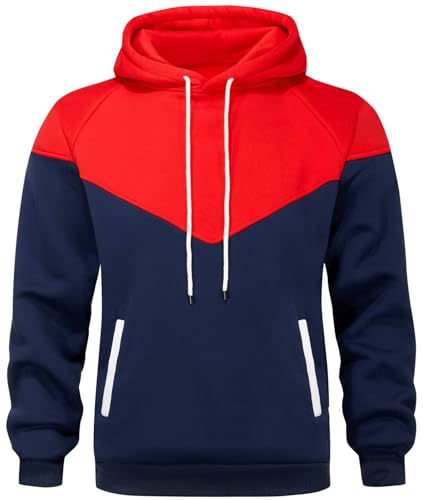comefohome Hoodie Herren Pullover Langarm Sweatjacke Kapuzenpullover Farbblock Casual Sweatshirt Hoody Kapuzenjacke mit Tasche Rot Marine XL von comefohome