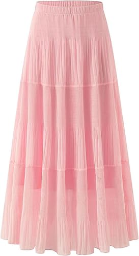 comefohome Maxirock Rock Lang Damen Sommer Maxi Rock Chiffon Skirt Bohemien Sommerrock Elastische Taille Plissierter Röck Rosa XL von comefohome