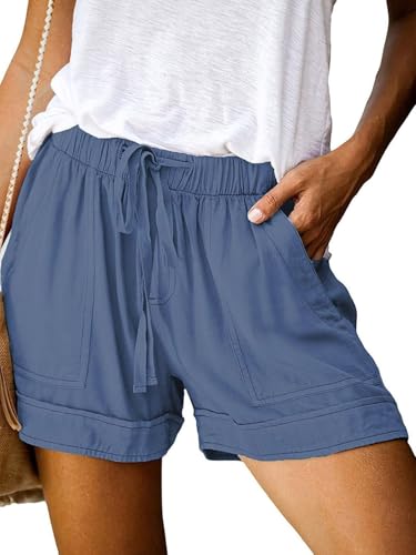 comefohome Shorts Damen Sommer High Waist Kordelzug Elastische Taille Lässig Elegant Kurze Hose Baumwolle Hosen mit Taschen C Blau Blue M von comefohome