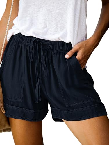 comefohome Shorts Damen Sommer High Waist Kordelzug Elastische Taille Lässig Elegant Kurze Hose Baumwolle Hosen mit Taschen C Dunkelblau XXL von comefohome