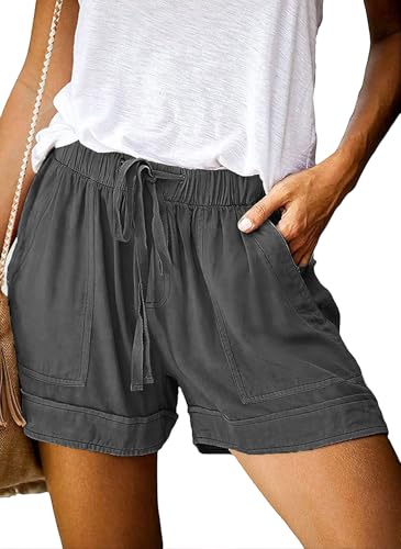 comefohome Shorts Damen Sommer High Waist Kordelzug Elastische Taille Lässig Elegant Kurze Hose Baumwolle Hosen mit Taschen C Dunkelgrau Dark Grey M von comefohome