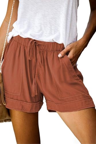 comefohome Shorts Damen Sommer High Waist Kordelzug Elastische Taille Lässig Kurze Hose Shorts mit Taschen H01 Braun Brown M von comefohome