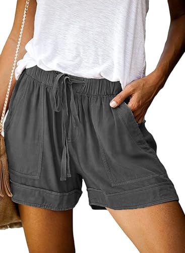 comefohome Shorts Damen Sommer High Waist Kordelzug Elastische Taille Lässig Kurze Hose Shorts mit Taschen H01 Dunkelgrau Dark Grey L von comefohome