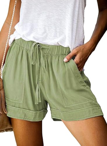 comefohome Shorts Damen Sommer High Waist Kordelzug Elastische Taille Lässig Kurze Hose Shorts mit Taschen H01 Hellgrün Light Green L von comefohome