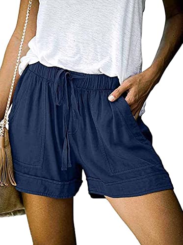 comefohome Shorts Damen Sommer High Waist Kordelzug Elastische Taille Lässig Kurze Hose Shorts mit Taschen Navy blau S von comefohome