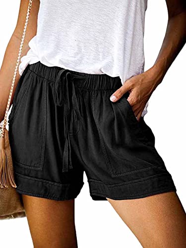 comefohome Shorts Damen Sommer High Waist Kordelzug Elastische Taille Lässig Kurze Hose Shorts mit Taschen Schwarz S von comefohome