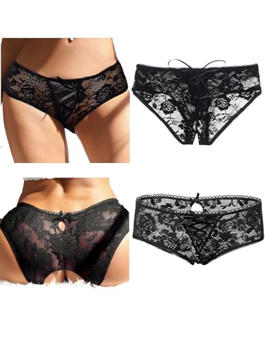 comeondear String Tanga Damen Sexy Dessous Höschen Große Größen Spitze Panty Atmungsaktiv Unterhosen Slip Hipster Niedrige Taille Frauen Bikini(2er Pack Schwarz,M-L) von comeondear