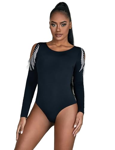 comeondear Body Damen Elegant Bodysuit Sexy Langarm Sheer Oberteil Strass Jumpsuit Quasten Top Overall Clubwear Blusebody Große Größen Unterziehbody(Schwarz #2,L) von comeondear